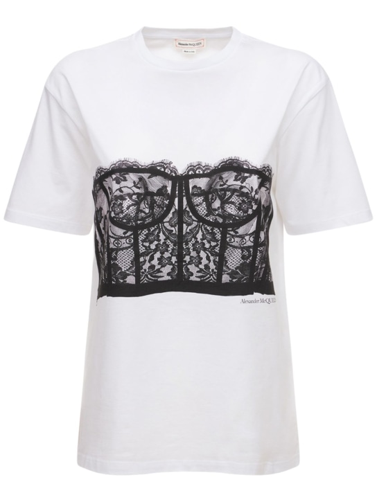 Alexander McQueen: Lace Bustier cotton jersey t-shirt - Beyaz - women_0 | Luisa Via Roma