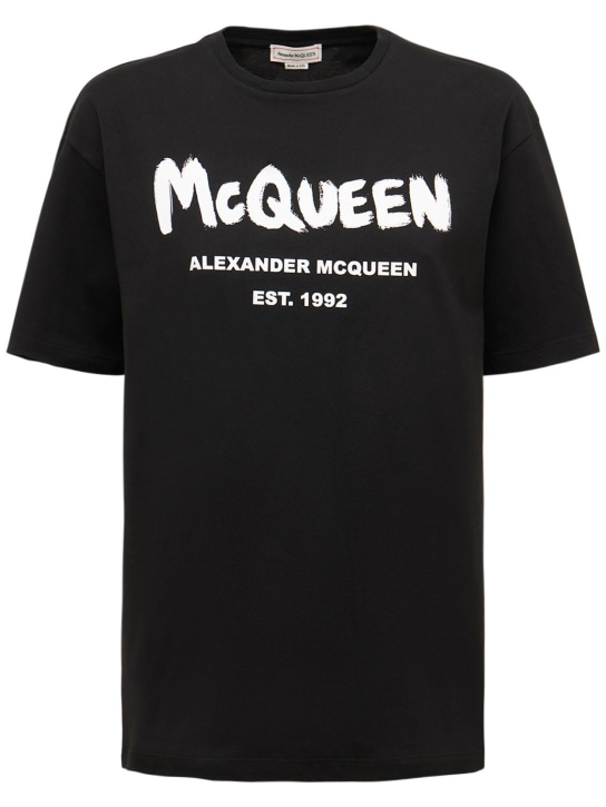 Alexander McQueen: T-shirt oversize en coton imprimé - Noir/Blanc - women_0 | Luisa Via Roma