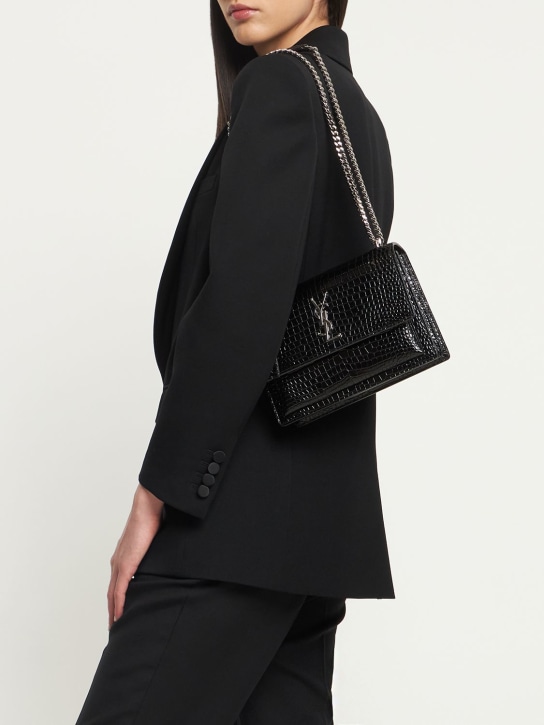 Saint Laurent: Medium Sunset croc embossed leather bag - Black - women_1 | Luisa Via Roma