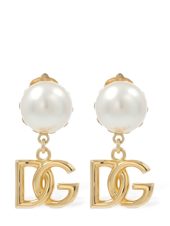 Dolce&Gabbana: Pendientes de clip DG Newton con perlas sintéticas - Oro/Blanco - women_0 | Luisa Via Roma