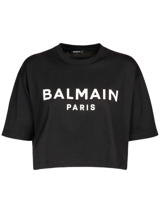 Balmain: Camiseta corta de algodón jersey con logo - Negro/Blanco - women_0 | Luisa Via Roma