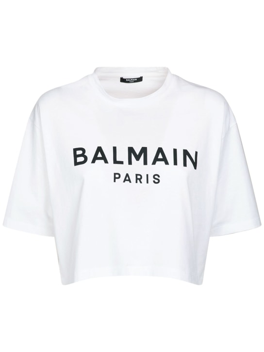 Balmain: T-shirt cropped in jersey di cotone con logo - Bianco/Nero - women_0 | Luisa Via Roma