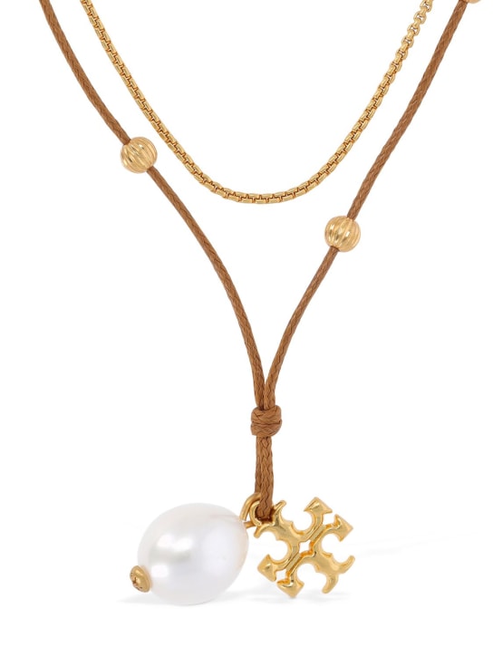 Tory Burch: Kira double cord chain necklace w/ pearl - Gold/White - women_0 | Luisa Via Roma