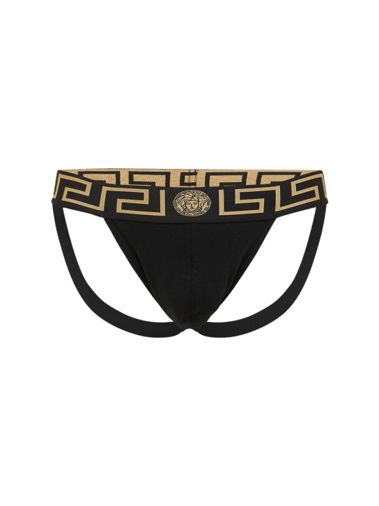 Versace: Monogram waistband cotton jock strap - Siyah - men_0 | Luisa Via Roma