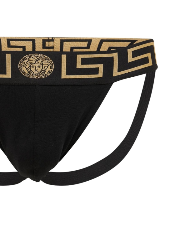 Versace: Monogram waistband cotton jock strap - Siyah - men_1 | Luisa Via Roma