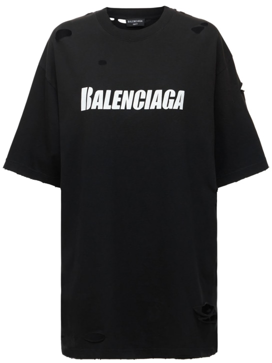 Balenciaga: 오버사이즈 디스트레스트 로고 저지 티셔츠 - women_0 | Luisa Via Roma