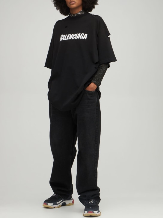 Balenciaga: Oversized distressed logo jersey t-shirt - Black - women_1 | Luisa Via Roma