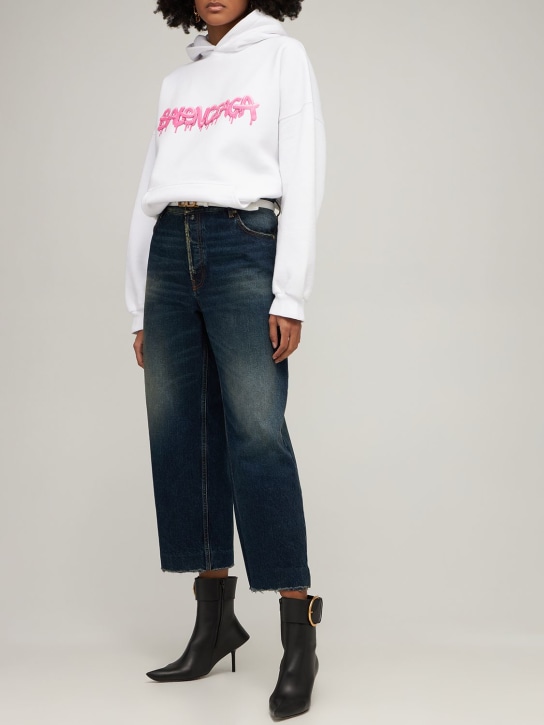 Balenciaga: Jeans cropped in denim di cotone - Blu Scuro - women_1 | Luisa Via Roma