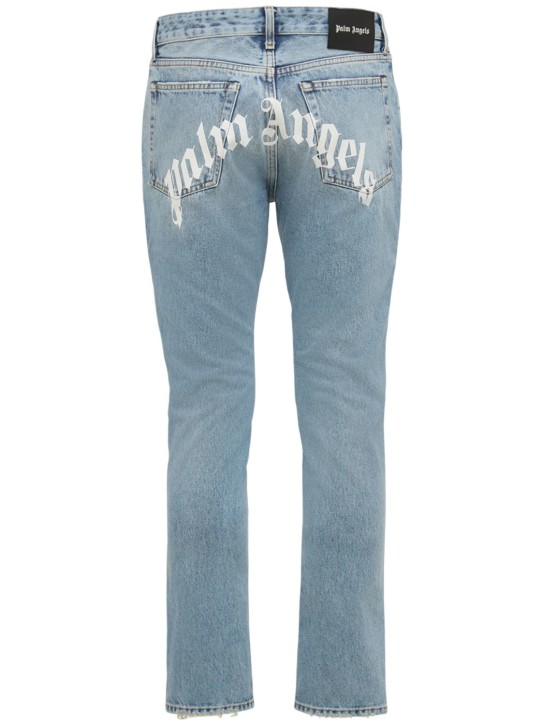 Palm Angels: 17.1cm Logo print cotton denim jeans - Açık Mavi - men_0 | Luisa Via Roma