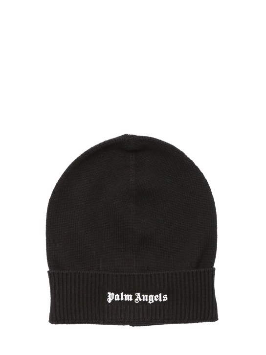 Palm Angels: Cappello beanie in maglia di cotone con logo - Nero/Bianco - men_0 | Luisa Via Roma