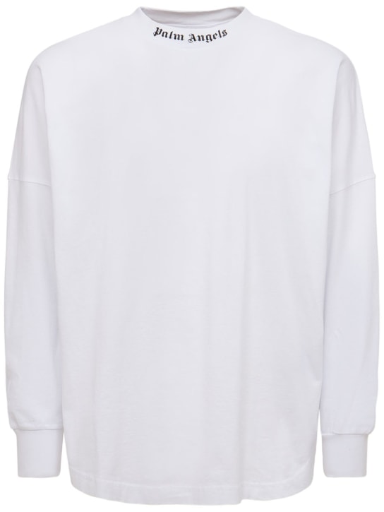 Palm Angels: T-shirt oversize en coton imprimé logo - Blanc/Fuchsia - men_0 | Luisa Via Roma