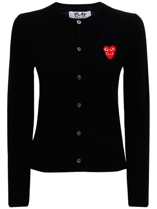 Comme des Garçons Play: Embroidered red heart wool cardigan - Black - women_0 | Luisa Via Roma