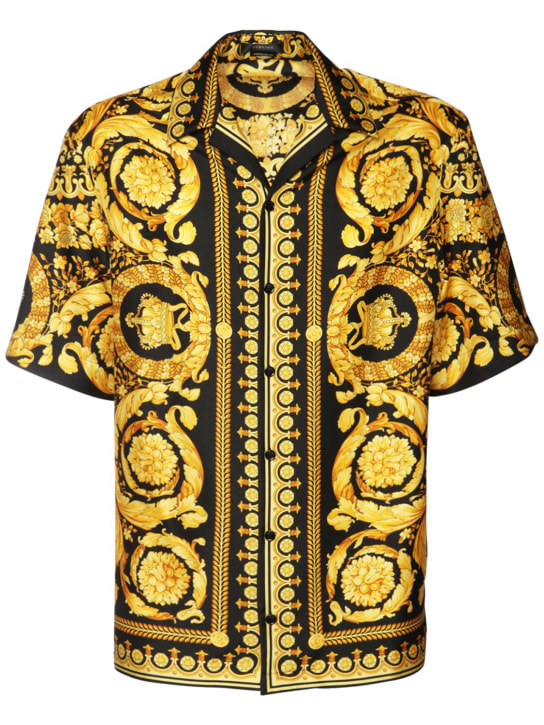 Versace: Camicia in seta stampa barocca - Nero/Oro - men_0 | Luisa Via Roma
