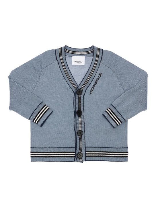 Burberry: Cardigan in maglia di lana a righe Icon - Celeste - kids-boys_0 | Luisa Via Roma