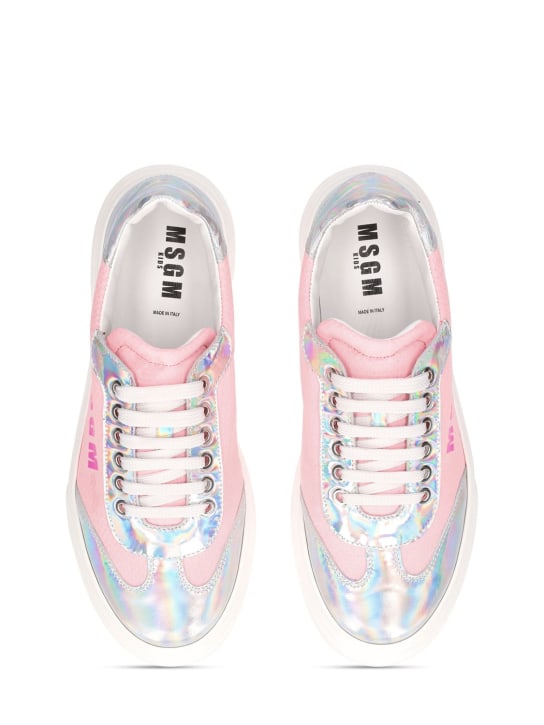 MSGM: Sneakers de piel y malla con cordones y logo - Rosa/Plateado - kids-girls_1 | Luisa Via Roma
