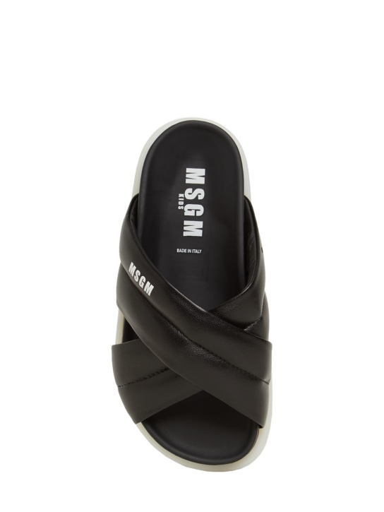 MSGM: Logo印花交叉皮革凉拖 - 黑色 - kids-girls_1 | Luisa Via Roma
