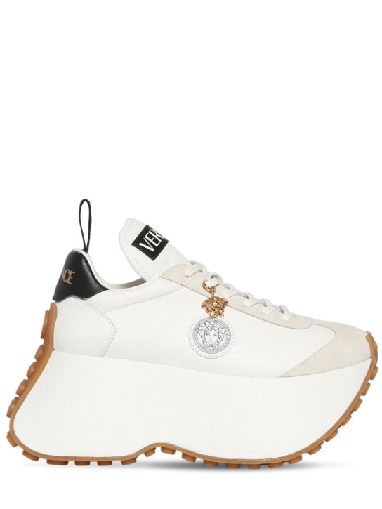 Versace: 80mm Leather & suede platform sneakers - White - women_0 | Luisa Via Roma