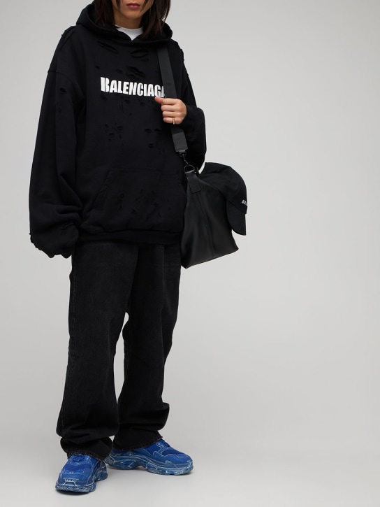 Balenciaga: Logo破洞棉质连帽卫衣 - 黑色 - men_1 | Luisa Via Roma