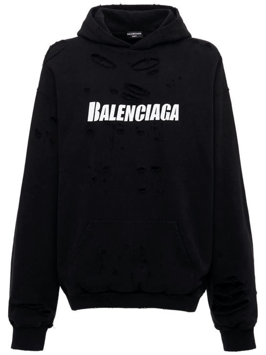 Balenciaga: Logo破洞棉质连帽卫衣 - 黑色 - men_0 | Luisa Via Roma