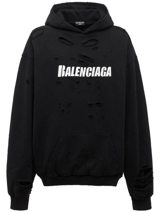 Balenciaga: Logo destroyed cotton sweatshirt hoodie - Siyah - women_0 | Luisa Via Roma