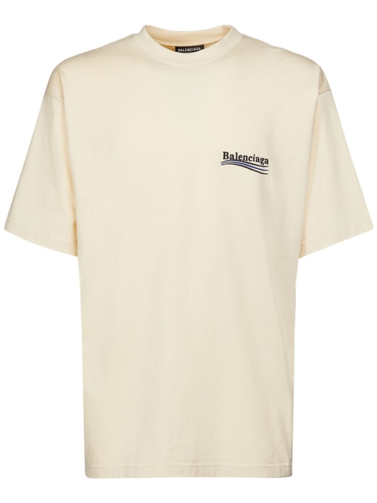 Balenciaga: T-shirt en coton à logo brodé - Crème/Noir - men_0 | Luisa Via Roma