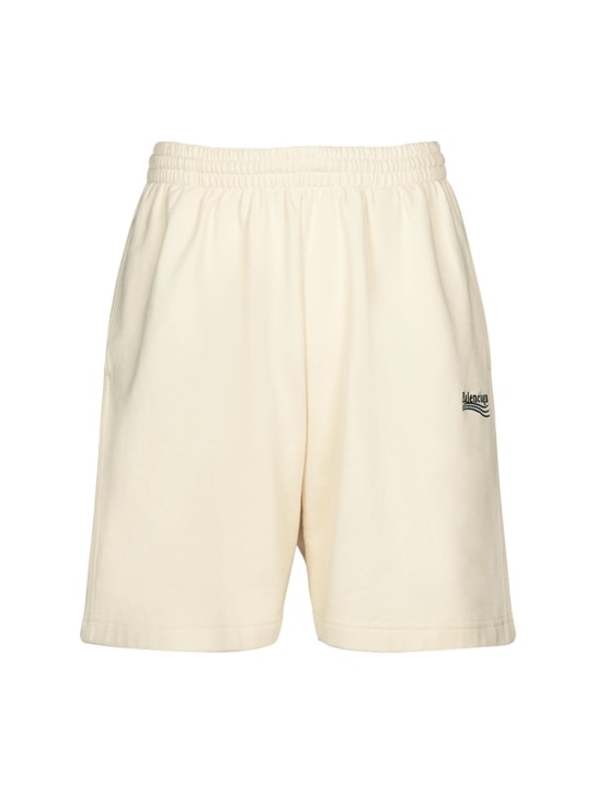 Balenciaga: Shorts in felpa di cotone con logo - Crema/Nero - men_0 | Luisa Via Roma