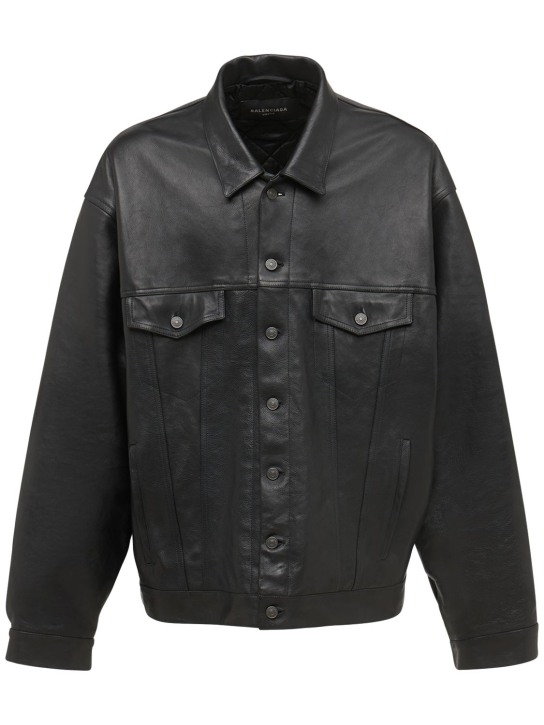 Balenciaga: Denim-style leather jacket - Siyah - men_0 | Luisa Via Roma