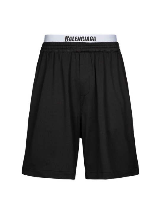 Balenciaga: Shorts mare in nylon con logo - Nero - men_0 | Luisa Via Roma