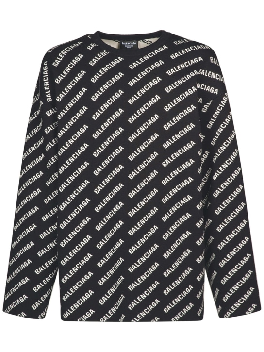 Balenciaga: Suéter de punto de algodón con logo - Negro/Blanco - men_0 | Luisa Via Roma