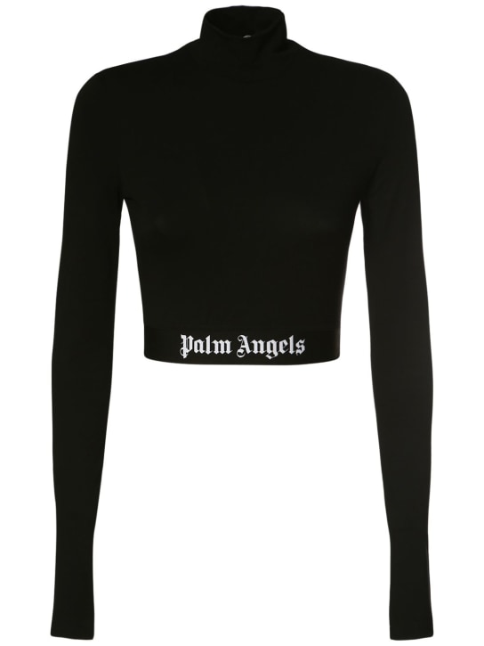 Palm Angels: Logo企领平纹针织短款上衣 - 黑色 - women_0 | Luisa Via Roma