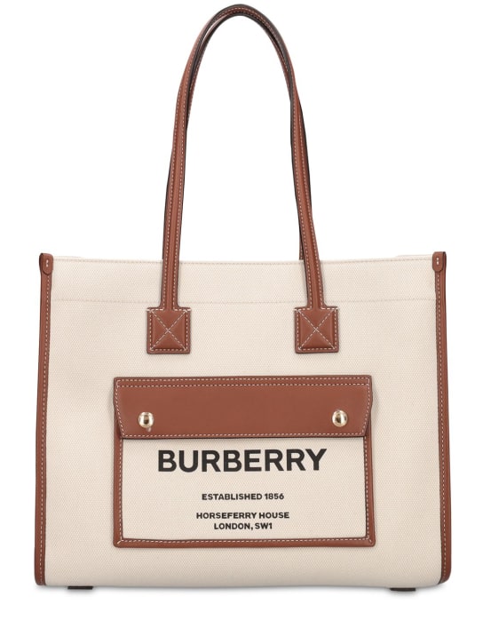 Burberry: Petit sac cabas en cuir et toile Freya - Natural/Tan - women_0 | Luisa Via Roma