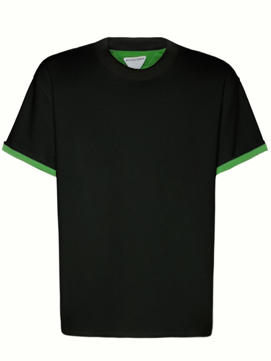 Bottega Veneta: Double layered cotton jersey t-shirt - Black/Parakeet - men_0 | Luisa Via Roma