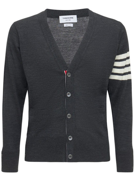 Thom Browne: 4-Bar Wool fine knit cardigan - Dark Grey - men_0 | Luisa Via Roma