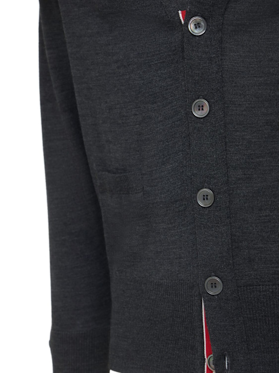 Thom Browne: 4-Bar Wool fine knit cardigan - Dark Grey - men_3 | Luisa Via Roma