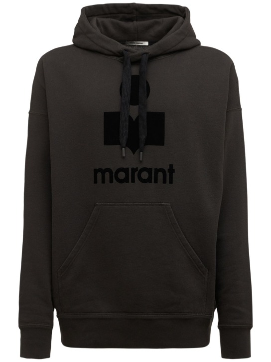 Marant: Flocked logo cotton blend hoodie - Black - men_0 | Luisa Via Roma