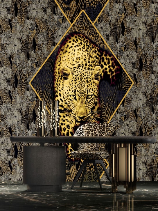 Roberto Cavalli: Papel tapiz con estampado en hoja de oro - Negro/Dorado - ecraft_1 | Luisa Via Roma