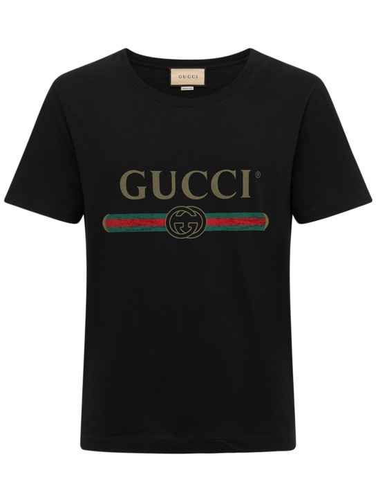 Gucci: Logo print cotton jersey t-shirt - Black - men_0 | Luisa Via Roma