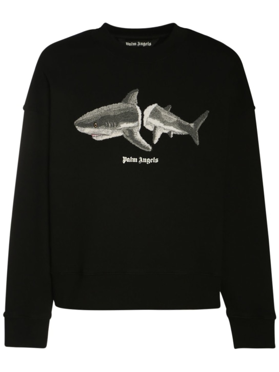 Palm Angels: Shark embroidery cotton sweatshirt - Black - men_0 | Luisa Via Roma