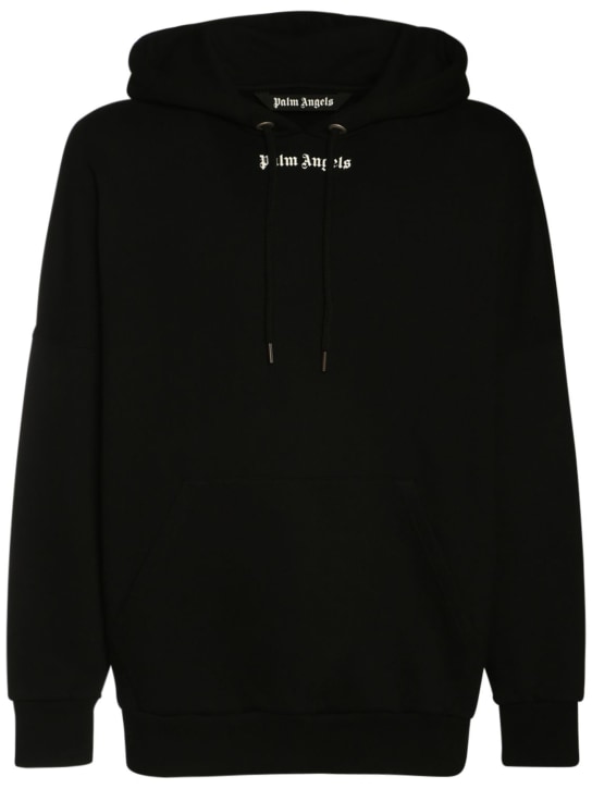 Palm Angels: Logo print cotton jersey hoodie - Black/White - men_0 | Luisa Via Roma