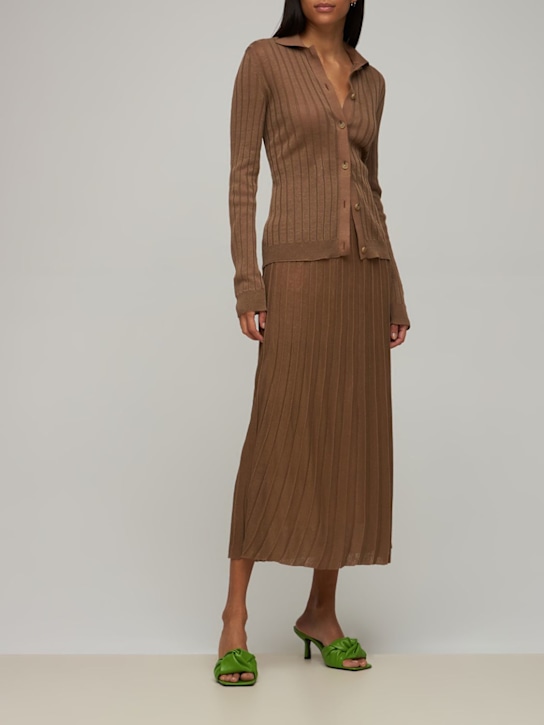 Casasola: Mafalda linen & silk ribbed cardigan - Camel - women_1 | Luisa Via Roma
