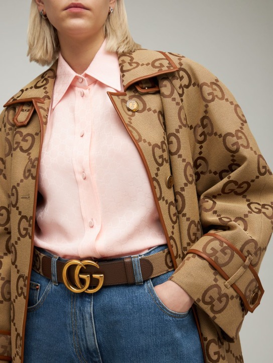 Gucci: Cintura in pelle e tela con GG 4cm - Camel Ebony - women_1 | Luisa Via Roma