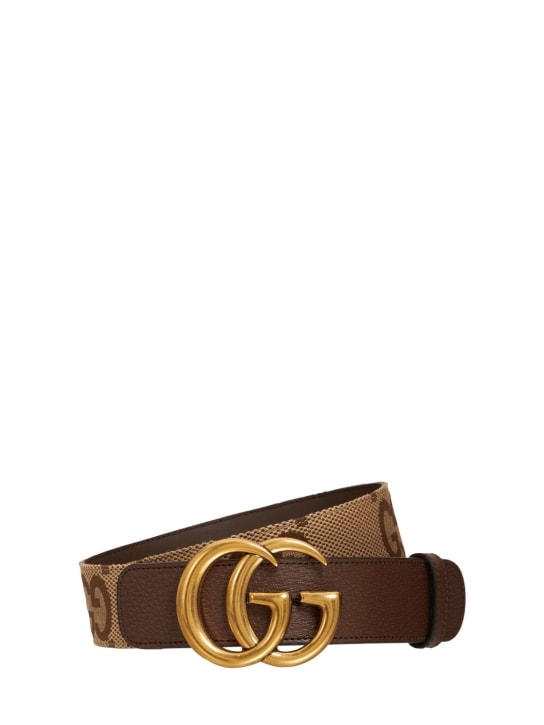 Gucci: Cintura in pelle e tela con GG 4cm - Camel Ebony - women_0 | Luisa Via Roma