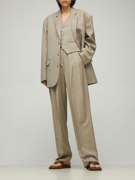 The Frankie Shop: Gelso high rise pleated woven wide pants - Taupe - women_1 | Luisa Via Roma
