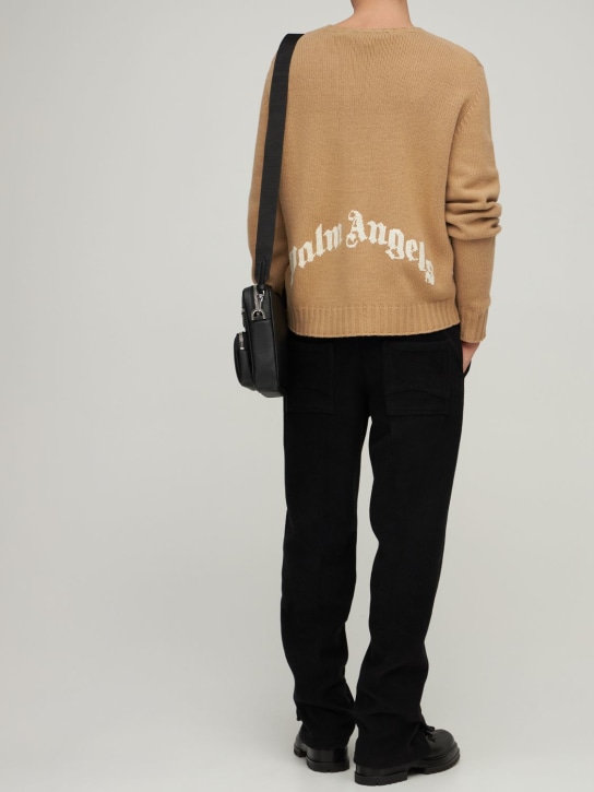 Palm Angels: Curved logo wool blend knit sweater - Bej/Beyaz - men_1 | Luisa Via Roma