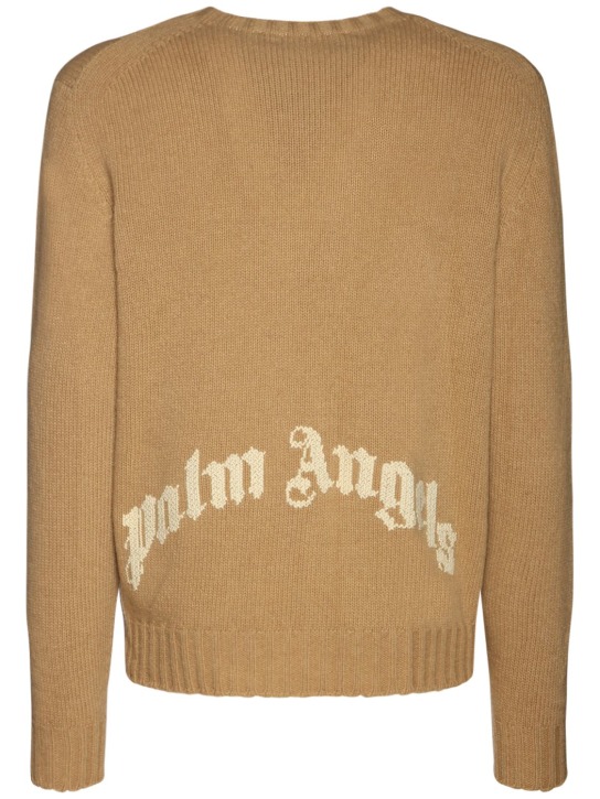 Palm Angels: Pull-over en maille de laine mélangée à logo - Beige/Blanc - men_0 | Luisa Via Roma