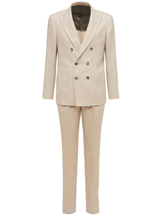 Brunello Cucinelli: Double breast linen blend suit - Sand - men_0 | Luisa Via Roma