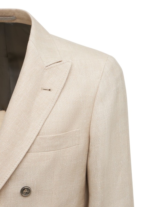Brunello Cucinelli: Double breast linen blend suit - Sand - men_4 | Luisa Via Roma