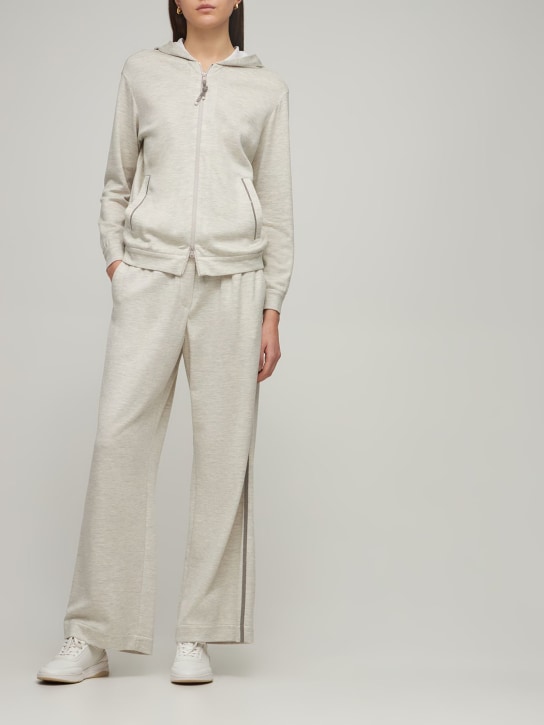 Brunello Cucinelli: Pantalon large en jersey de coton mélangé - Gris Clair - women_1 | Luisa Via Roma