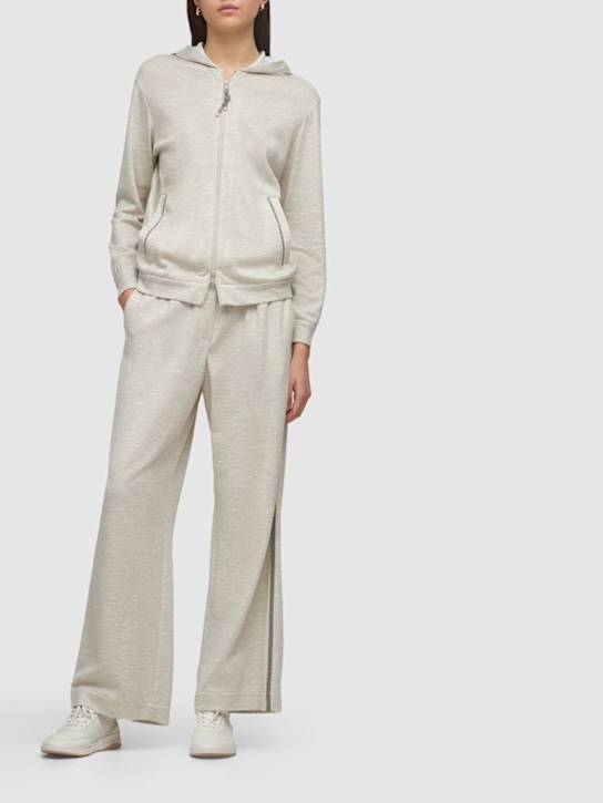 Brunello Cucinelli: Cotton blend jersey wide leg pants - Light Grey - women_1 | Luisa Via Roma