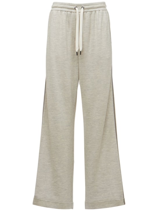 Brunello Cucinelli: Cotton blend jersey wide leg pants - Light Grey - women_0 | Luisa Via Roma